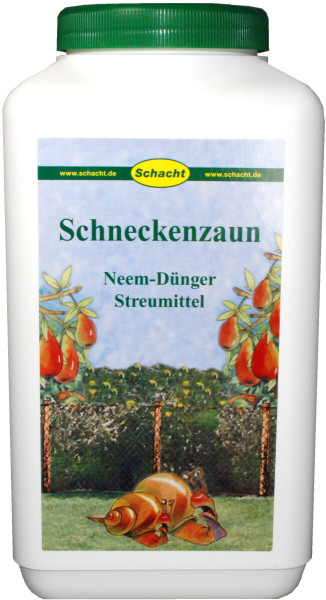 Produktbild von Schacht Schneckenzaun Neem-Dünger Streumittel in 2 Liter Packung mit Abbildung von Schnecken und Gartenzaun auf der Vorderseite.