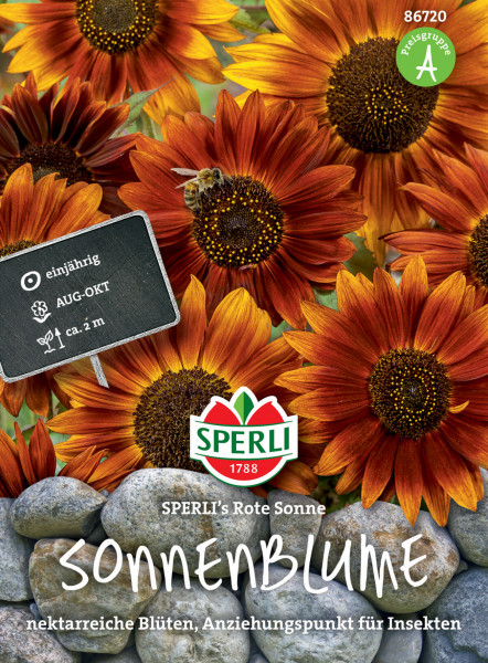 Produktbild von SPERLI Sonnenblume Rote Sonne mit roten Blüten und einer Biene, Informationen zu Einjährigkeit und Blütezeit sowie das SPERLI Logo.