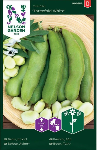 Produktbild von Nelson Garden Ackerbohne Threefold White mit grünen Bohnen und Samen auf einem Teller neben der Verpackung mit Pflanzinformationen.
