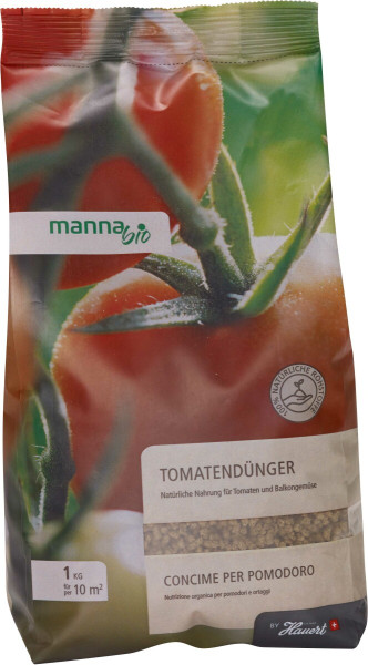 Produktbild von MANNA Bio Tomatendünger in einem 1kg Beutel mit dem Bild von Tomaten und Informationen zur natürlichen Nahrung für Tomaten und Balkongemüse auf Deutsch und Italienisch.