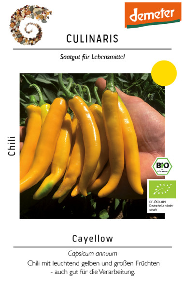 Produktbild von Culinaris BIO Chili CA17 Cayellow mit leuchtend gelben Schoten, Demeter-Logo, Bio-Siegel und Informationen zu Schärfe und Anbau in deutscher Sprache.
