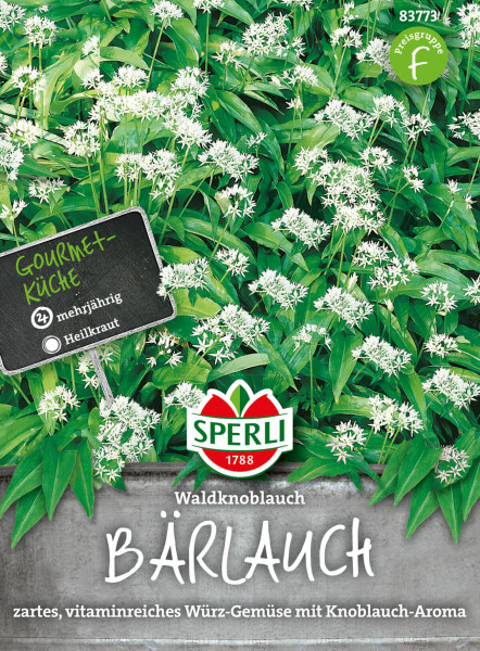 Produktbild von Sperli Bärlauch Waldknoblauch mit Darstellung der Pflanze und Verpackung mit Markenlogo sowie Informationen zu Mehrjährigkeit und Verwendung als Heil- und Würzkraut in deutscher Sprache.