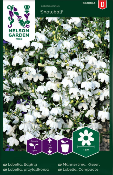 Produktbild von Nelson Garden Männertreu Snowball mit Darstellung der weißen Blütenpracht und Informationen zum Einjährigsein der Pflanze sowie der Wuchshöhe und Blütengröße in deutscher Sprache.