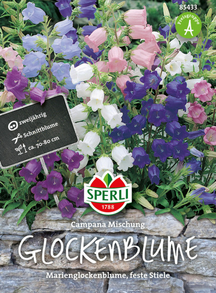 Produktbild der Sperli Glockenblume Campana Mischung mit farbigen Glockenblumen, Verpackungsdesign und Informationen wie Zweijährigkeit und Schnittblume auf Deutsch.