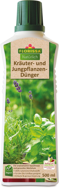 Produktbild von Florissa Kräuter- und Jungpflanzendünger in einer 500ml Flasche mit Informationen zu veganen Inhaltsstoffen und Eignung für den Bio-Landbau in deutscher Sprache.