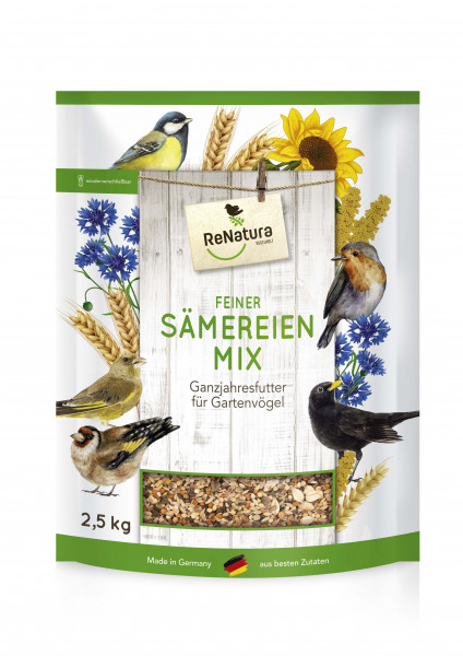 Produktbild von ReNatura Feiner Sämereienmix für Garten Vögel mit Abbildungen verschiedener Vogelarten und einer Körnermischung in einer 2, 5, kg Packung Made in Germany