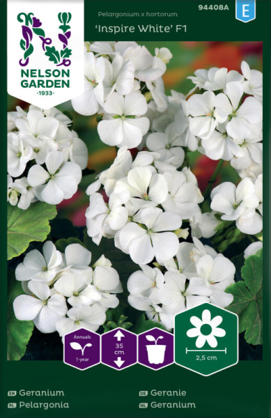 Produktbild von Nelson Garden Geranie Inspire White F1 mit weißen Blüten und Verpackungsdesign inklusive Pflanzinformationen in verschiedenen Sprachen.