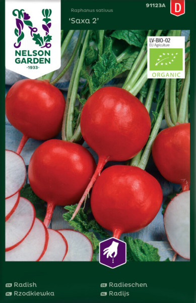 Produktbild von Nelson Garden BIO Radieschen Saxa 2 mit Abbildungen von roten Radieschen und Schnittansichten sowie Texten zur Sorte und Bio-Zertifizierung.
