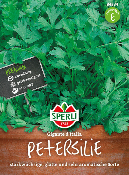 Produktbild von Sperli Petersilie Gigante d’Italia mit der Darstellung von Petersilienblättern und Informationen zur Sorte als Premium zweijährig gefriergeeignet von Mai bis Oktober.