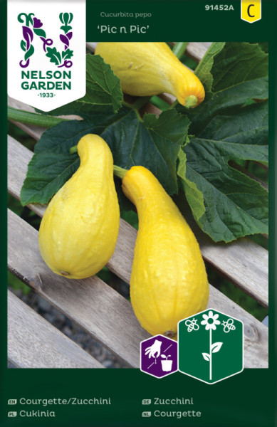 Produktbild von Nelson Garden Zucchini Pic n Pic mit zwei gelben Zucchini auf Holzuntergrund und Blättern, Verpackungsdesign und Produktinformationen in verschiedenen Sprachen.