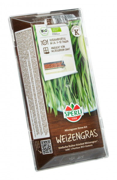 Produktbild des Sperli BIO Microgreen Grow Kit Anzuchtset Weizengras in der Verpackung mit Anweisungen und BIO-Siegel.