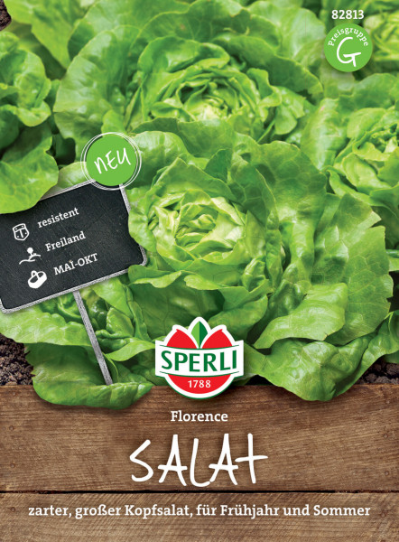 Produktbild von Sperli Salat Florence mit zartem großem Kopfsalat und Informationen zur Sorte Robustheit Anbauperiode Mai bis Oktober sowie Markenlogo und Artikelnummer.