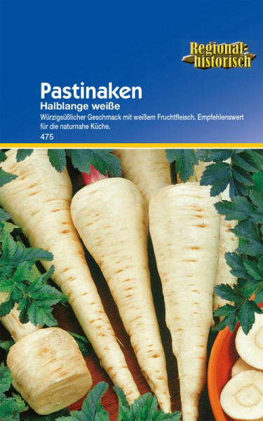 Produktbild von Kiepenkerl Pastinake Halblange weiße mit Abbildung frischer Pastinaken und geschnittenen Stücken umgeben von Blättern sowie Produktbezeichnung und Beschreibung auf Deutsch.