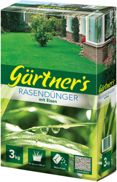 Produktbild von Gärtners Rasendünger mit Eisen in einer 3kg Packung mit Abbildung einer gepflegten Rasenfläche sowie Hinweise auf Anwendungszeitraum und Rasengröße.