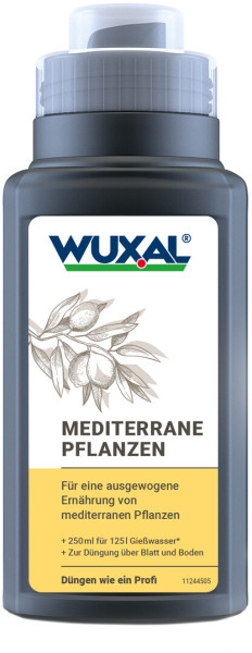 Produktbild von WUXAL Mediterrane Pflanzen Düngemittel in einer 250ml Flasche mit Hinweisen zur Dosierung und Anwendungsgebieten für mediterrane Pflanzen in deutscher Sprache