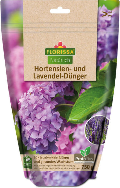 Produktbild von Florissa Naturlich Hortensien- und Lavendeldunger Proto Plus 750g mit Abbildung von blühenden Hortensien und Verpackungsinformationen.
