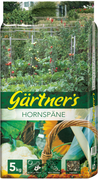 Produktbild von Gärtners Hornspäne in einer 5kg Verpackung mit Abbildungen von Gemüsegarten und Anwendungshinweisen für organischen Dünger