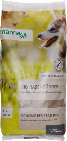 Produktbild von MANNA Bio Rasendünger 5kg Verpackung mit Informationen zu natürlicher Nahrung für Zier- und Spielrasen und Hinweis auf Bodenaktivitätsförderung in deutscher und italienischer Sprache.