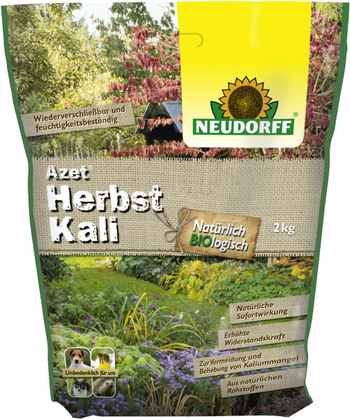 Produktbild von Neudorff Azet HerbstKali 2kg Düngemittelverpackung mit Produktinformationen und einem Hintergrundbild eines Gartens.