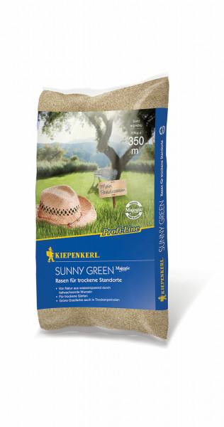 Produktbild von Kiepenkerl Profi-Line Sunny Green Rasen für trockene Standorte 10 kg Packung mit Rasensamen und Informationen zur Reichweite und Eigenschaften