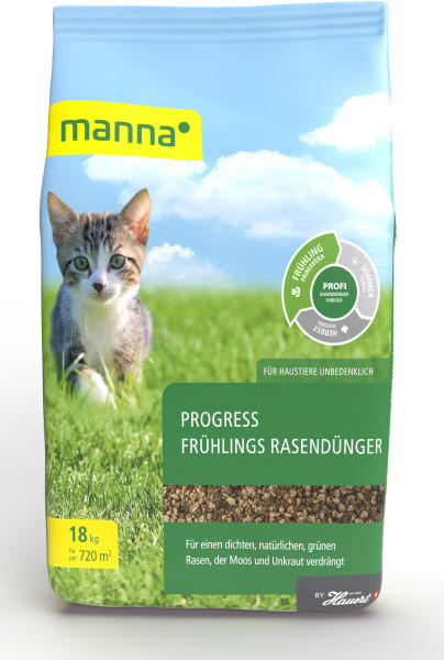 Produktbild des MANNA Progress Frühlings Rasendüngers in 18kg Verpackung mit projiziertem Kätzchen und Informationen zur Produktverwendung und Unbedenklichkeit für Haustiere.