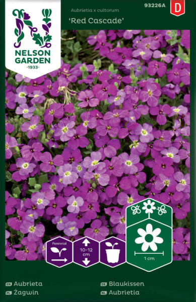 Produktbild von Nelson Garden Blaukissen Red Cascade mit lila Blüten und Verpackungsinformationen in mehreren Sprachen