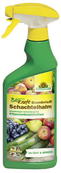 Produktbild von Neudorff BioKraft Grundstoff Schachtelhalm AF 500ml mit Sprühkopf und Informationen zur Anwendung bei Pflanzenkrankheiten an Obst und Gemüse.