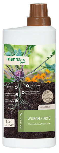 Produktbild des MANNA Bio Wurzelforte in einer 1 Liter Flasche mit Informationen zu den Vorteilen für Pflanzen und dem Hinweis auf ein veganes Naturprodukt.