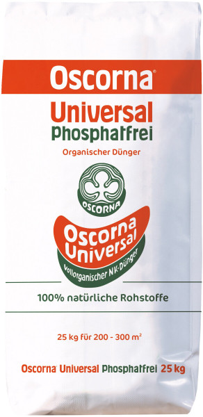 Produktbild von Oscorna-Universal Phosphatfrei 25kg Düngemittel, weiße Verpackung mit Markenlogo und Produktangaben in Rot- und Grüntönen.