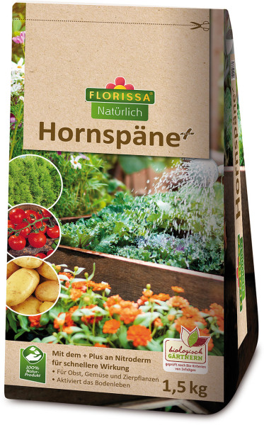 Produktbild von Florissa Hornspäne PLUS 1, 5, kg Verpackung, mit Angaben zu schnellerer Wirkung durch Nitroderm für Obst, Gemüse und Zierpflanzen, inklusive Siegel für biologisches Gärtnern und Fotos von Gartenpflanzen.