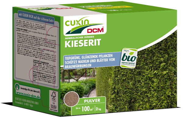 Produktbild von Cuxin DCM Kieserit Pulver 2kg Verpackung mit Informationen zur Anwendung und Vorteilen für Pflanzen sowie dem Bio-Siegel.