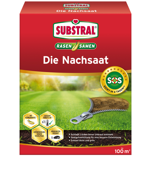 Produktbild von Substral Rasensamen die Nachsaat 2kg Verpackung mit grünem Rasen im Hintergrund und hervorgehobenen Produktmerkmalen in deutscher Sprache.
