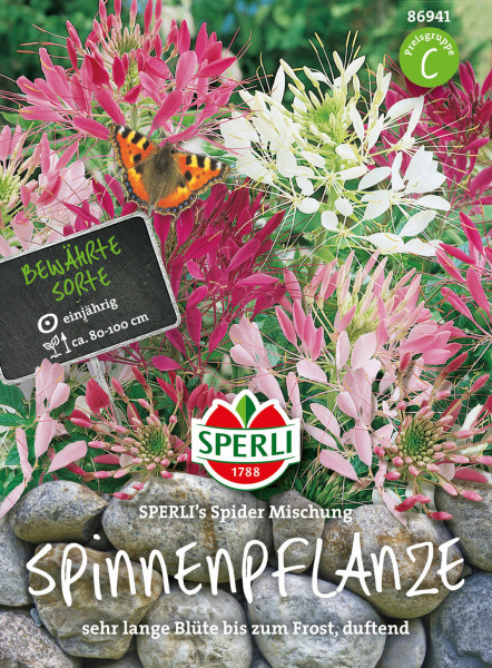Produktbild von SPERLIs Spinnenpflanze SPERLIs Spider Mischung mit verschiedenen farbigen Blüten und Schmetterling auf Packung mit Hinweisen wie einjährig und Wuchshöhe sowie Logo und Qualitätsversprechen.