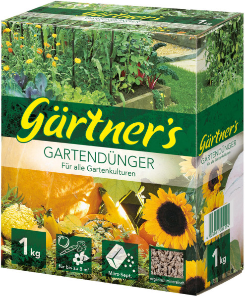 Produktbild von Gärtners Gartendünger 1kg Verpackung mit Bildern von Pflanzen und Sonnenblumen sowie Hinweisen zur Anwendung und Produktdetails.