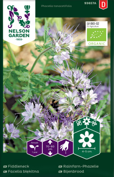 Produktbild von Nelson Garden BIO Rainfarn-Phazelie Saatgutverpackung mit Bildern und Informationen zur Pflanze in verschiedenen Sprachen sowie Bio-Siegel und Wachstumshinweisen.