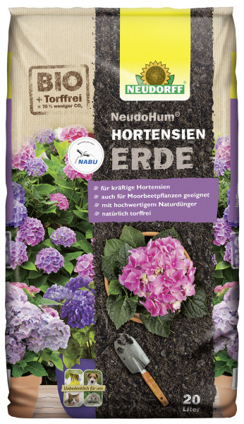 Produktbild von Neudorff NeudoHum HortensienErde 20l mit torffreier Erde, NABU-Logo, aufgedruckten Informationen zu den Produktdetails und Bildern bunter Hortensien.