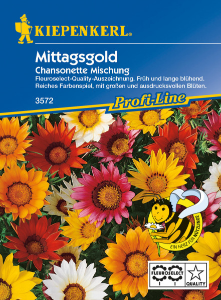Produktbild von Kiepenkerl Mittagsgold Chansonette Mischung mit verschiedenen farbenfrohen Blumen und Verpackungsdetails wie Profi-Line Logo und Fleuroselect-Quality-Siegel.