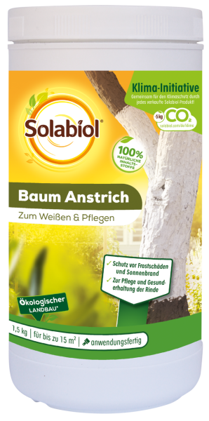 Produktbild von Solabiol Baum Anstrich 1, 5, kg Eimer zum Weißen und Pflegen von Bäumen mit Hinweis auf Klima-Initiative und ökologischen Landbau.
