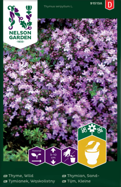 Produktbild von Nelson Garden Sand-Thymian mit Blütenbild und Piktogrammen zur Pflanzenpflege, Auszeichnung als mehrjährige Pflanze und Hinweisen zur Wuchshöhe.