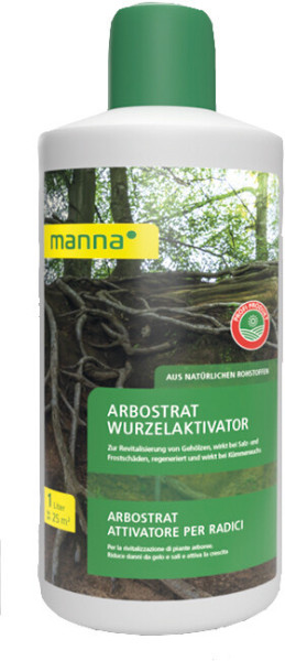Produktbild von MANNA Arbostrat 1l Flasche mit Etikett welches Informationen über den Wurzelaktivator aus natürlichen Rohstoffen in deutscher und italienischer Sprache zeigt