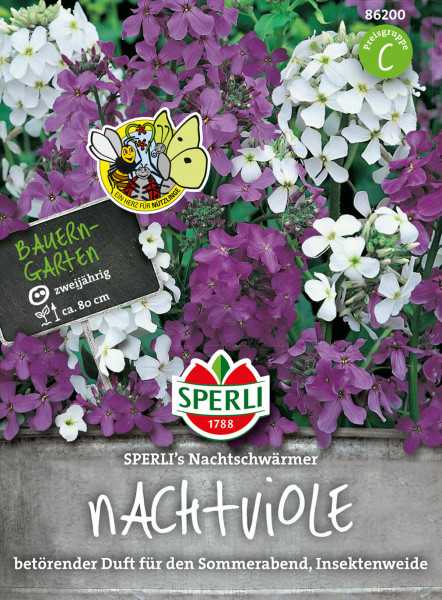 Produktbild von Sperli Nachtviole SPERLIs Nachtschwärmer mit Abbildungen von weißen und violetten Blumen sowie Produktinformationen und dem Logo von Sperli.
