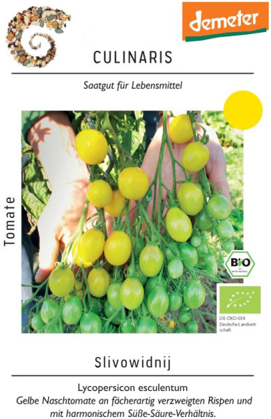 Produktbild von Culinaris BIO Cocktailtomaten Slivowidnij mit gelben Früchten an der Pflanze und Verpackungsinformationen unter dem Demeter-Logo.