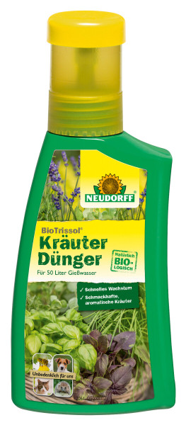 Produktbild von Neudorff BioTrissol KräuterDünger in einer 250ml grünen Flasche mit gelbem Deckel und Informationen zu schnellem Wachstum und aromatischen Kräutern, sowie dem Hinweis auf biologische Inhaltsstoffe in deutscher Sprache.