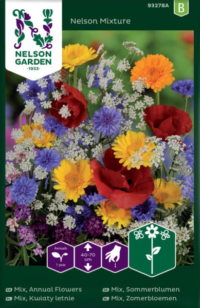 Produktbild von Nelson Garden Sommerblumen Mix mit Darstellung verschiedener bunter Blumen und Informationen zu Pflanzenmerkmalen und Wuchshöhe auf Deutsch und weiteren Sprachen.
