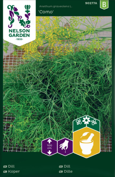 Produktbild von Nelson Garden Dill Como mit Abbildung der Pflanze und Verpackungsdesign einschließlich Produktinformationen und Anbauhinweisen.