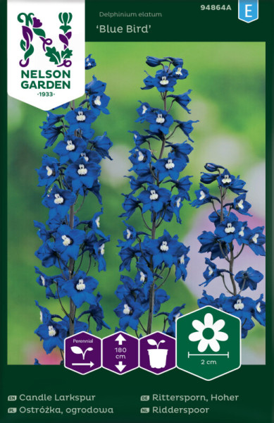 Produktbild des Nelson Garden Hoher Rittersporn Blue Bird mit blauen Blüten und Verpackungsinformationen in verschiedenen Sprachen.