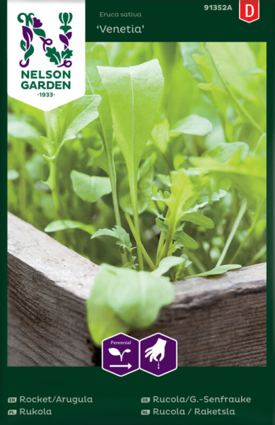 Produktbild von Nelson Garden Rucola Senfrauke Venetia mit grünen Pflanzen im Vordergrund und Verpackungsdesign mit Markenlogo und verschiedenen Sprachbezeichnungen.