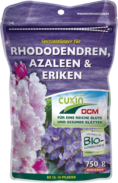Produktbild von Cuxin DCM Spezialdünger für Rhododendren Azaleen und Eriken in Minigran Form mit 750g Packung wieder verschließbar und Hinweis auf biologischen Landbau.