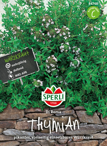 Produktbild von Sperli Thymian Di Roma mit Darstellung von Thymianpflanzen und Verpackungsdesign inklusive Markenlogo und Informationen zu Mehrjährigkeit und Duft.