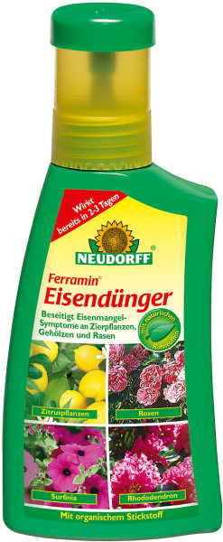 Produktbild von Neudorff Ferramin Eisendünger 250ml Flasche zur Beseitigung von Eisenmangel bei Zierpflanzen Gehölzen und Rasen mit Fotos von behandelten Pflanzen und Hinweis auf organischen Stickstoff.